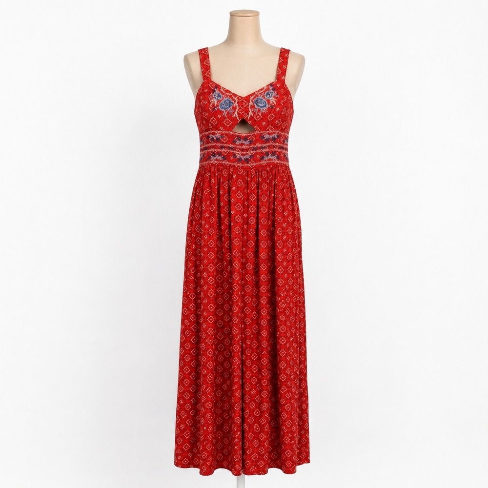 Embroidered Cutout Boho Maxi Dress Sz S Red Sleeveless Vacation Resort Boho Y2K